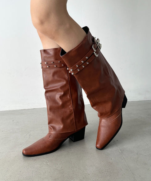 スタッズダブルベルトカバーロングブーツ | BA3256019 | ブラウン