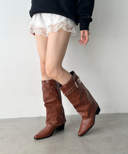 スタッズダブルベルトカバーロングブーツ | BA3256019 | ブラウン