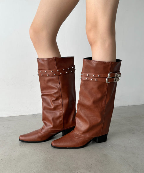 スタッズダブルベルトカバーロングブーツ | BA3256019 | ブラウン