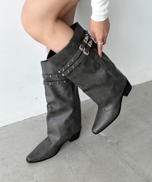 スタッズダブルベルトカバーロングブーツ | BA3256019 | ダークブラウン