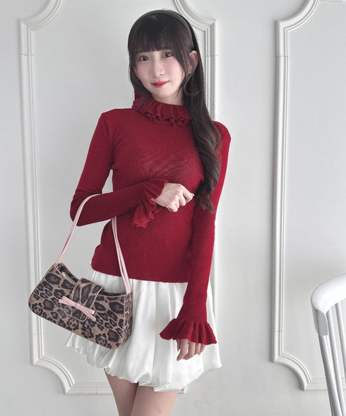 【5色展開】フリルハイネックリブニットトップス | LO2256042 | レッド