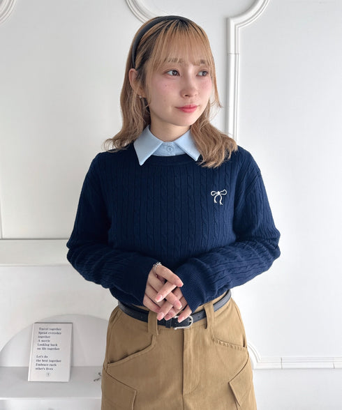 リボン刺繍ケーブルニットトップス | LO2256043 | ネイビー