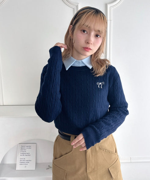 リボン刺繍ケーブルニットトップス | LO2256043 | ネイビー