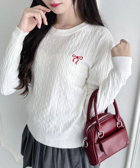 リボン刺繍ケーブルニットトップス | LO2256043 | オフホワイト