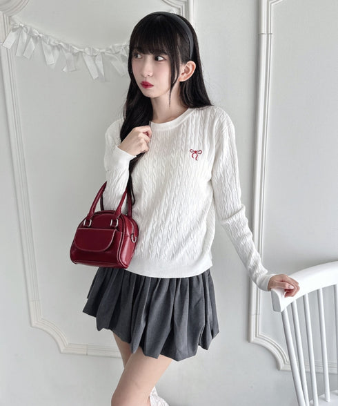リボン刺繍ケーブルニットトップス | LO2256043 | オフホワイト