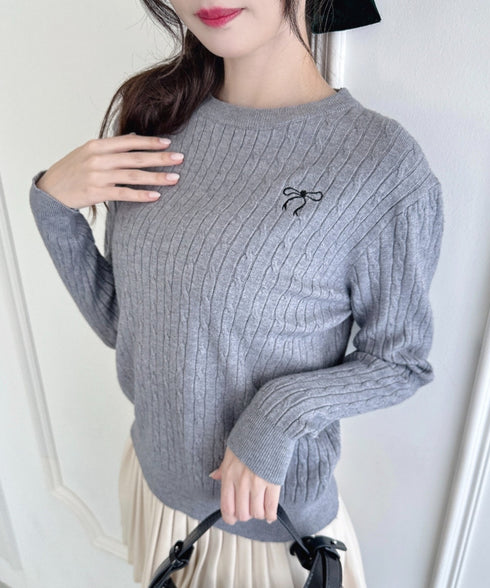 リボン刺繍ケーブルニットトップス | LO2256043 | グレー