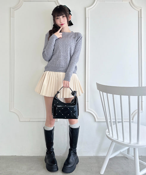 リボン刺繍ケーブルニットトップス | LO2256043 | グレー