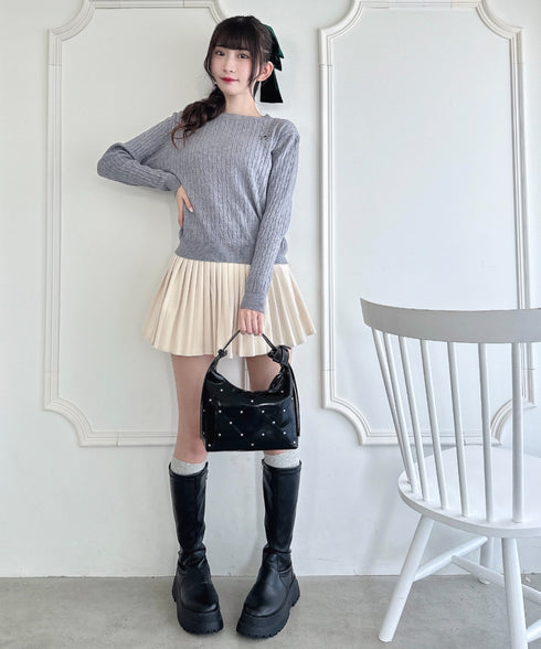 リボン刺繍ケーブルニットトップス | LO2256043 | グレー