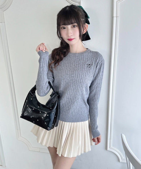 リボン刺繍ケーブルニットトップス | LO2256043 | グレー
