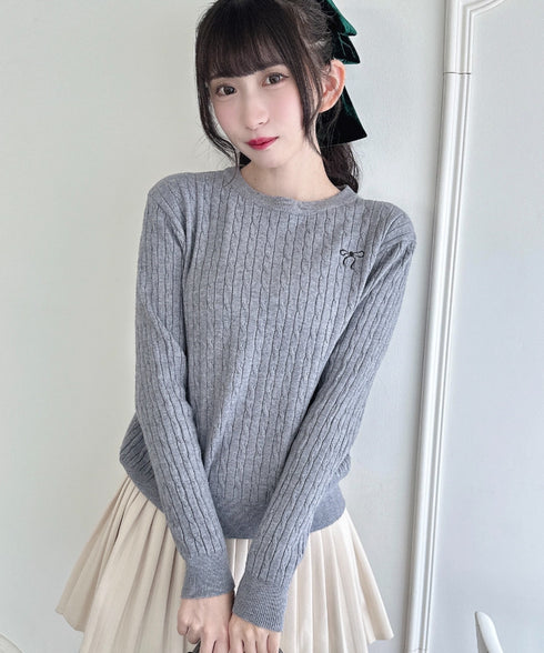 リボン刺繍ケーブルニットトップス | LO2256043 | グレー