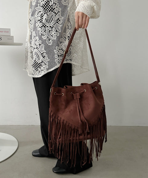 フェイクスエードフリンジ巾着バッグ | CL1256027 | ブラウン
