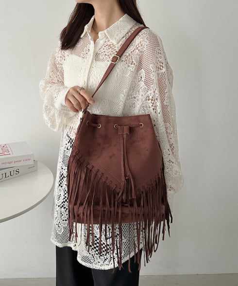 フェイクスエードフリンジ巾着バッグ | CL1256027 | ブラウン
