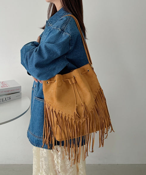 フェイクスエードフリンジ巾着バッグ | CL1256027 | キャメル