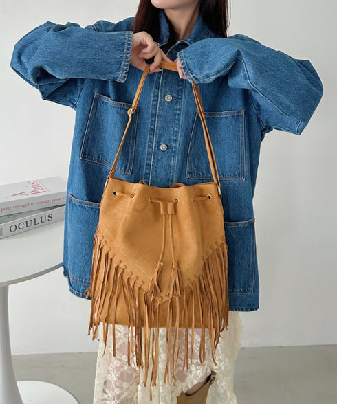 フェイクスエードフリンジ巾着バッグ | CL1256027 | キャメル