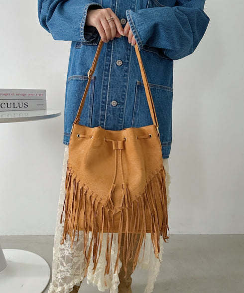 フェイクスエードフリンジ巾着バッグ | CL1256027 | キャメル