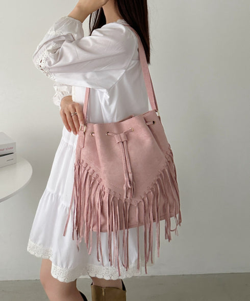 フェイクスエードフリンジ巾着バッグ | CL1256027 | ピンク