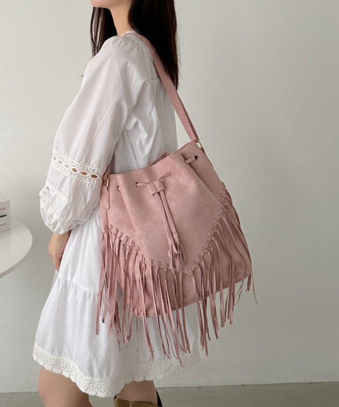 フェイクスエードフリンジ巾着バッグ | CL1256027 | ピンク