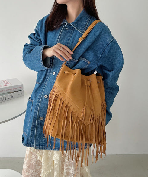 フェイクスエードフリンジ巾着バッグ | CL1256027 | キャメル
