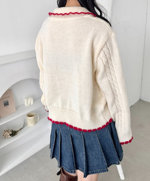 ハートボタンバイカラーケーブルニットカーディガン | SL2256093 | アイボリー