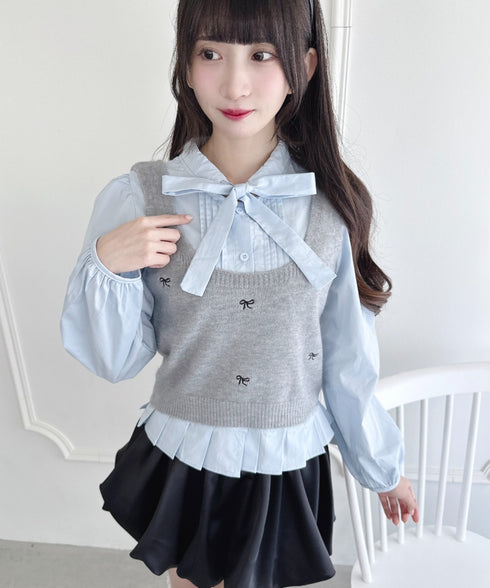 【2点SET】ボウタイブラウス＋リボン刺繍ベスト | LO2256050 | グレー