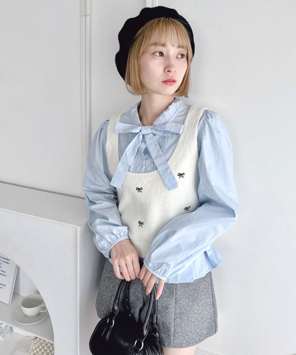 【2点SET】ボウタイブラウス＋リボン刺繍ベスト | LO2256050 | オフホワイト