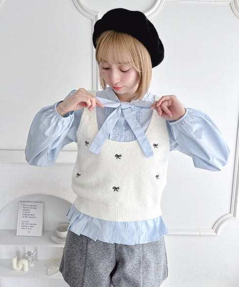 【2点SET】ボウタイブラウス＋リボン刺繍ベスト | LO2256050 | オフホワイト