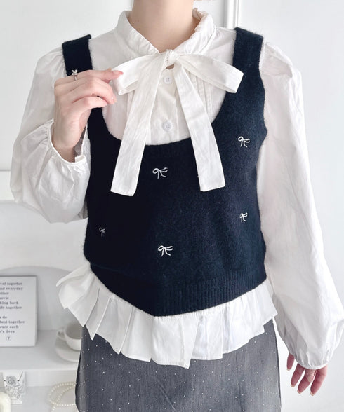 【2点SET】ボウタイブラウス＋リボン刺繍ベスト | LO2256050 | ブラック