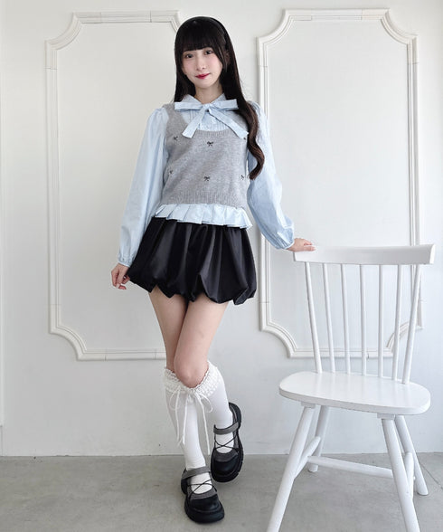 【2点SET】ボウタイブラウス＋リボン刺繍ベスト | LO2256050 | グレー