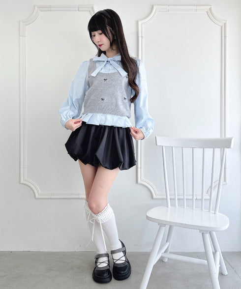【2点SET】ボウタイブラウス＋リボン刺繍ベスト | LO2256050 | グレー