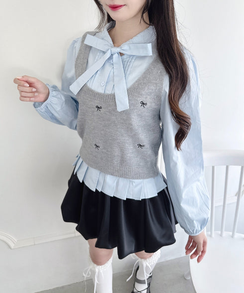 【2点SET】ボウタイブラウス＋リボン刺繍ベスト | LO2256050 | グレー
