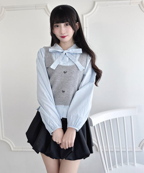 【2点SET】ボウタイブラウス＋リボン刺繍ベスト | LO2256050 | グレー