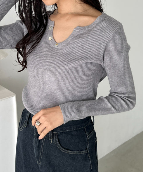 スキッパーネックリブニットトップス | CL2253025 | グレー
