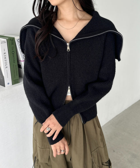 セーラーカラーダブルジップニットトップス | CL2256030 | ブラック