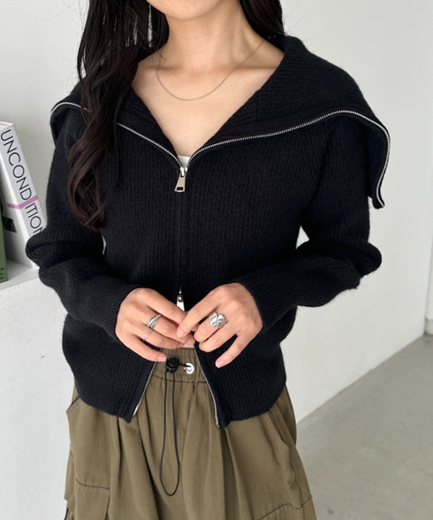 セーラーカラーダブルジップニットトップス | CL2256030 | ブラック