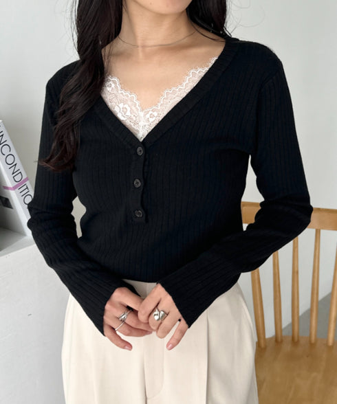 Vネックレースコンパクトトップス | CL2253027 | ブラック