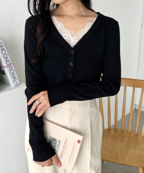 Vネックレースコンパクトトップス | CL2253027 | ブラック