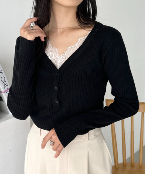 Vネックレースコンパクトトップス | CL2253027 | ブラック