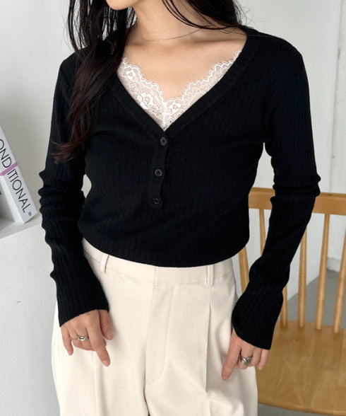 Vネックレースコンパクトトップス | CL2253027 | ブラック