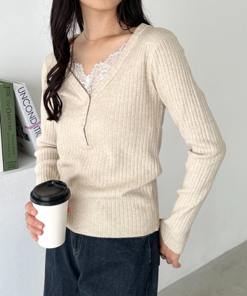 Vネックレースコンパクトトップス | CL2253027 | ベージュ