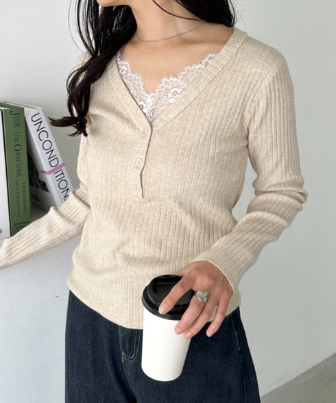 Vネックレースコンパクトトップス | CL2253027 | ベージュ