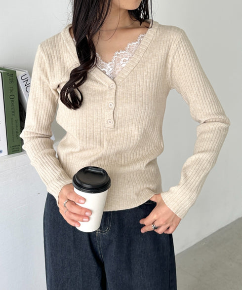 Vネックレースコンパクトトップス | CL2253027 | ベージュ