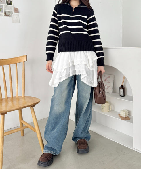 ボーダーハーフジップニットトップス | SL2254002 | ブラック