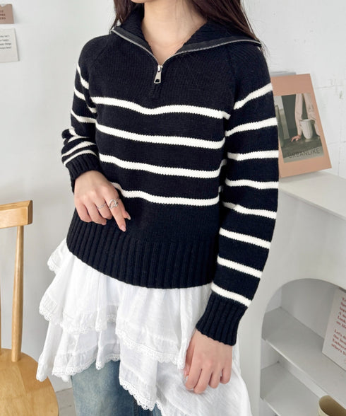 ボーダーハーフジップニットトップス | SL2254002 | ブラック