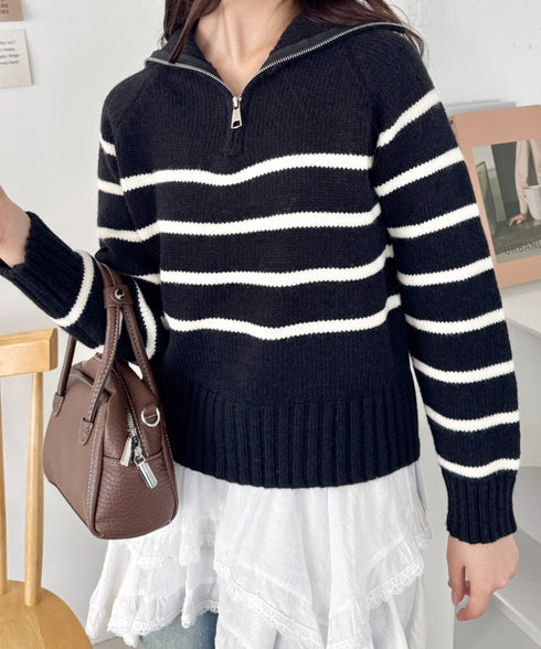 ボーダーハーフジップニットトップス | SL2254002 | ブラック