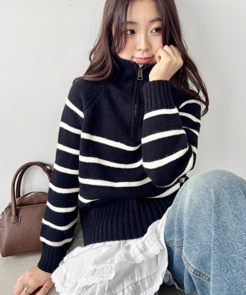 ボーダーハーフジップニットトップス | SL2254002 | ブラック