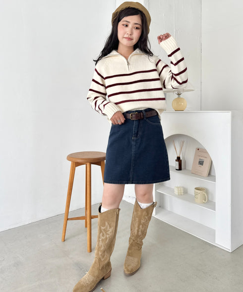 ボーダーハーフジップニットトップス | SL2254002 | ホワイト