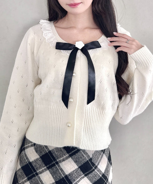 ローズリボンアイレットニットカーディガン | LO2256055 | アイボリー