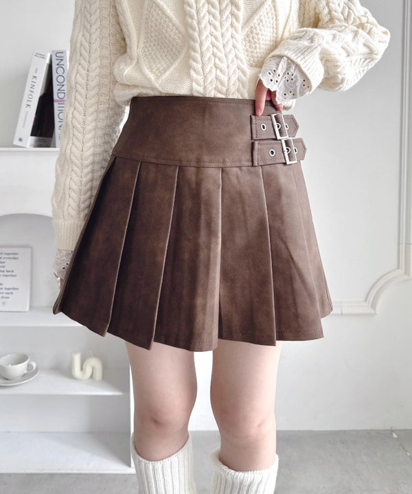 サイドベルトPUレザープリーツミニスカパン | LO2256056 | ブラウン