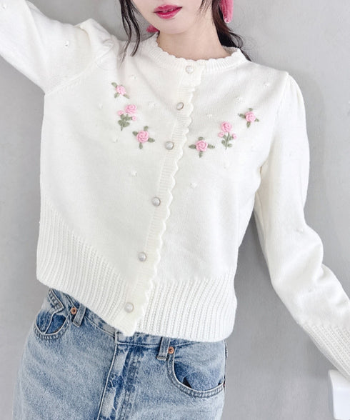 ローズ刺繍ニットカーディガン | LO2256058 | アイボリー