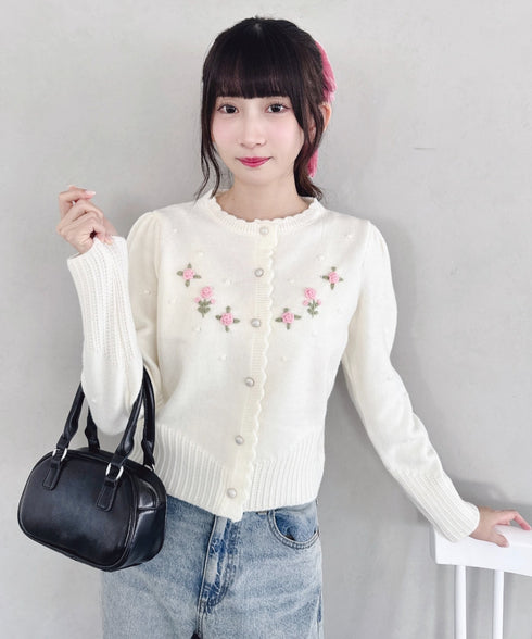 ローズ刺繍ニットカーディガン | LO2256058 | アイボリー